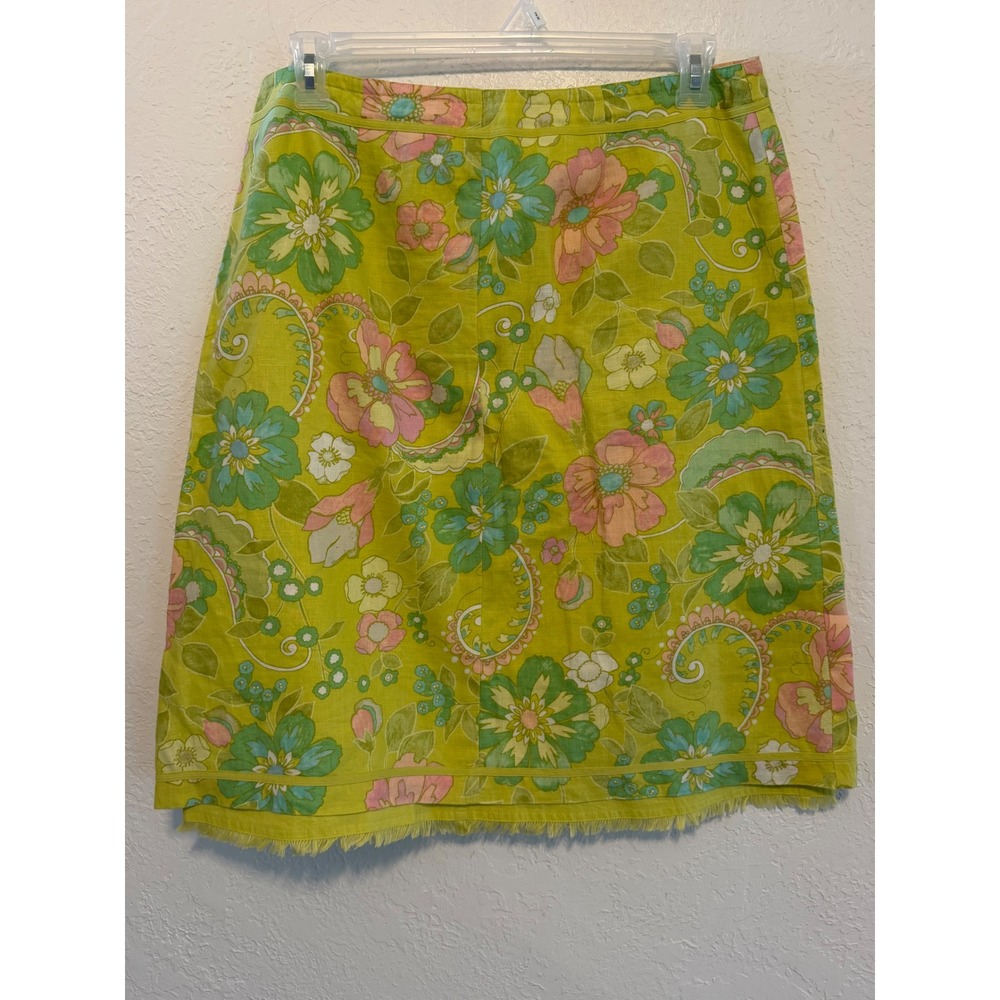 Sigrid Olsen Lime Green Floral Linen Fringe Hem Skirt Size 12 Paisley Print